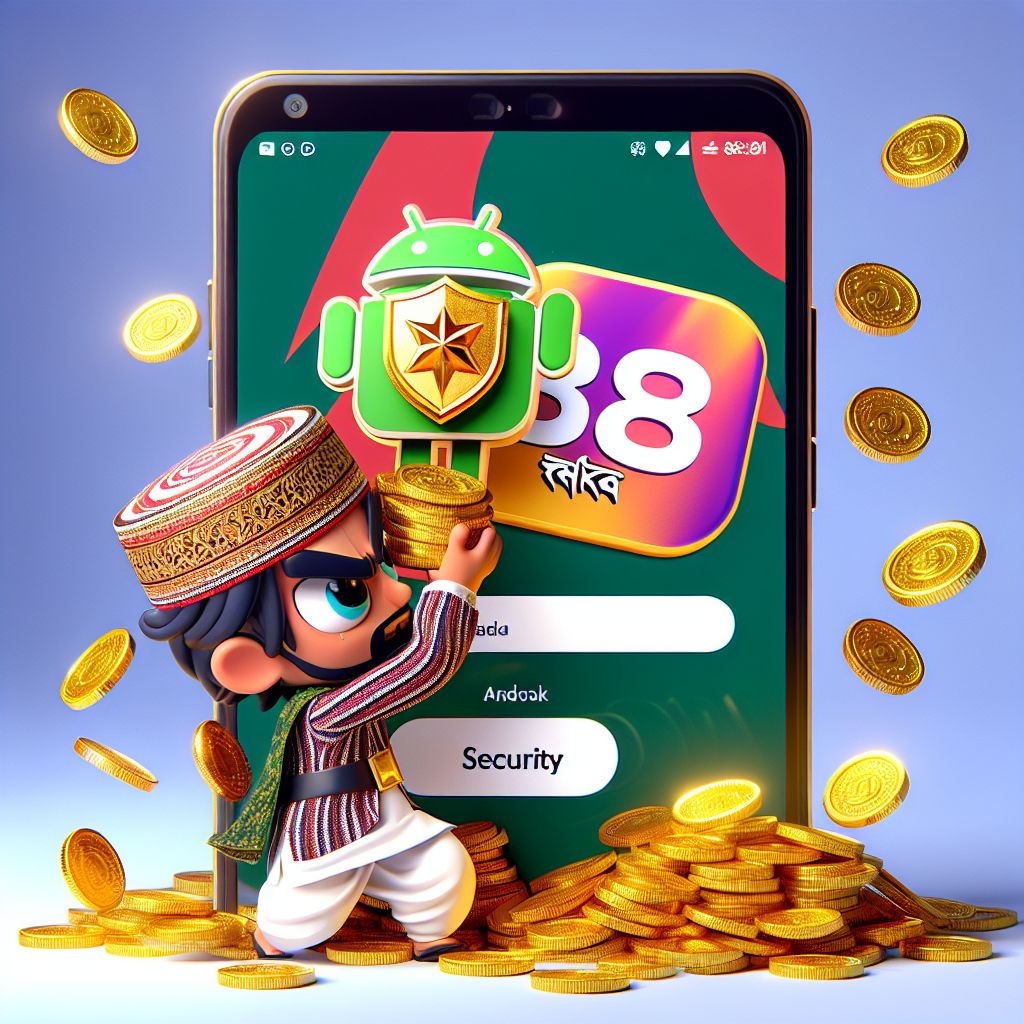 88Taka themed cartoon character holding a smartphone with app download screen and coins