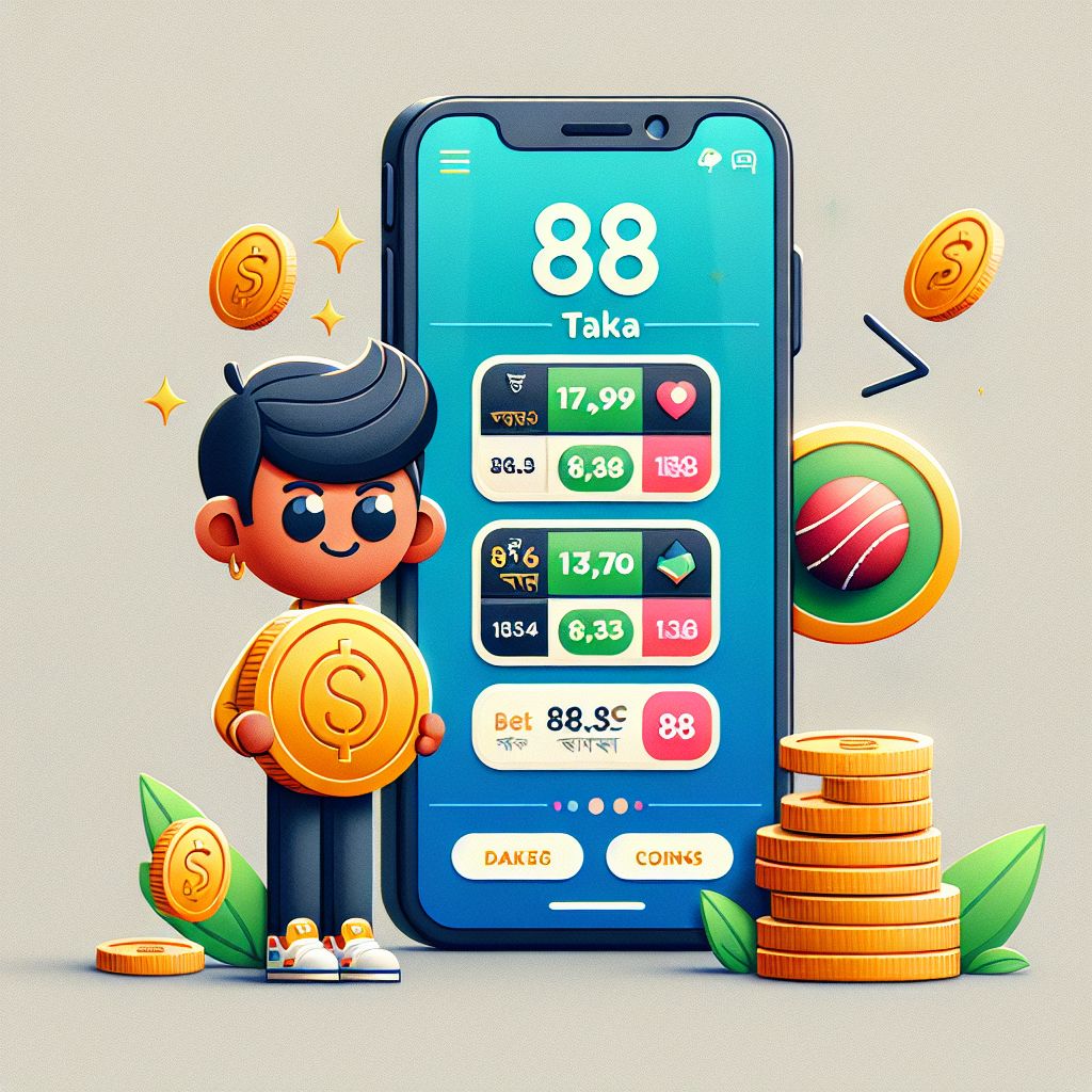 88Taka themed cartoon character holding a phone with live sports odds and coins