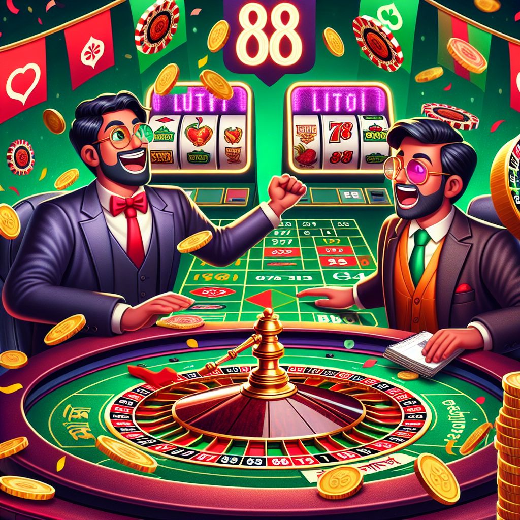 88Taka casino cartoon characters with chips, cards, and slot reels in a Bangladesh-themed gaming scene